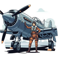 A female pilot stands proudly next to a vintage airplane, ready for flight.