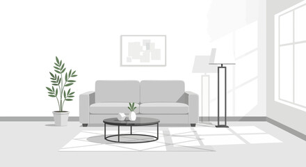 Modern Scandinavian living room interior design with sunlight details