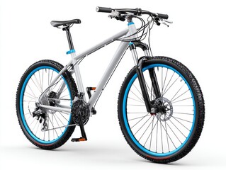A modern, light gray mountain bike with bright teal accents stands prominently against a plain white background.