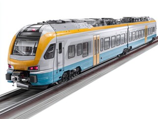 Modern, light-blue and yellow, high-speed train moving along tracks, highlighted by dynamic motion blur, isolated on white.