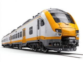 A modern, brightly colored train set, featuring a striking combination of white and sunshine yellow, is presented on a plain white background.