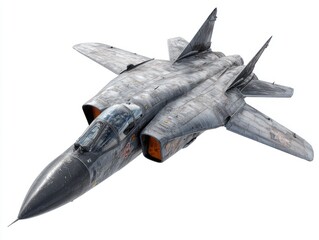 High-angle, detailed illustration of a military jet aircraft, showcasing its intricate design and weathered surface against a plain white background.