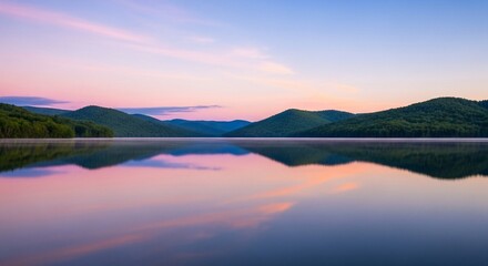 Fototapeta premium Serene lake reflecting the sky and forested hills at dawn, creating a peaceful and symmetrical landscape.