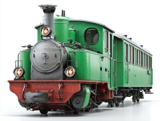 A vintage green steam locomotive and train cars, detailed and well-lit against a plain white background.