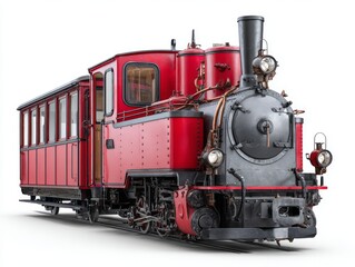 A vintage steam train, rendered in vivid red and dark gray, sits on a white background, showcasing intricate details.