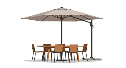 Stylish outdoor dining area with table, chairs, and large umbrella