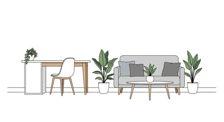 Stylized home office and living area illustration with minimalist design
