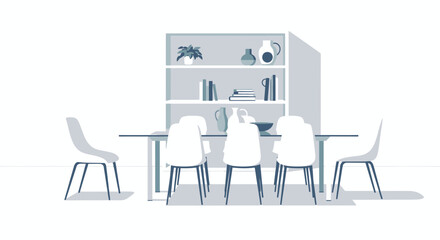Stylized dining room interior with sleek furniture and shelving accents