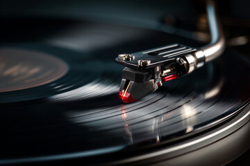 Testina di giradischi su vinile in rotazione, luce scenica e riflessi metallici. Dettaglio hi-fi ideale per musica, audio vintage, poster, copertine, blog e campagne lifestyle.