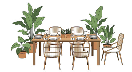 Stylized Illustration of an Indoor Dining Setup with Plants and Wooden Furniture