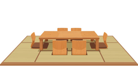 Traditional japanese tatami room with wooden table and zaisu chairs