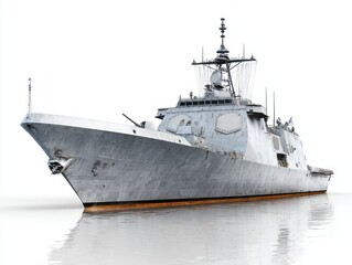 A large gray warship floats on a tranquil body of water against a plain white background.