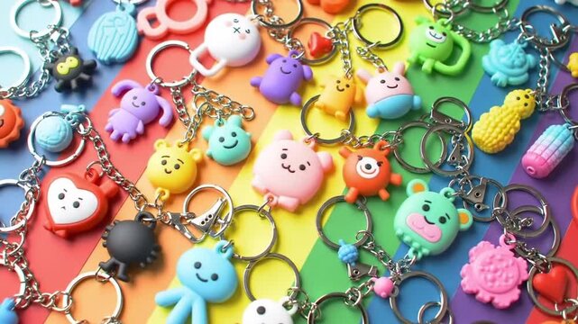 Colorful character keychains on rainbow background