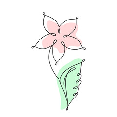 One-line drawing of a pink flower and green leaf.