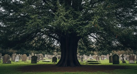 Majestic tree in peaceful cemetery with historical tombstones and lush greenery