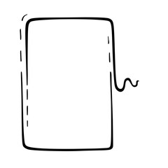 A hand-drawn black and white doodle of a rectangular frame with dashed stitching and a loose thread.