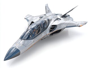 A futuristic, sleek spacefaring craft, rendered in detailed metallic silver and dark gray tones, is presented against a pure white background.