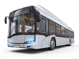 A modern, light gray city bus stands out against a plain white background, showcasing its sleek design and prominent windows.