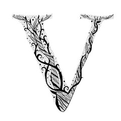 Ornate letter V with floral and vine design, vintage style illustration.