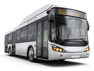 A modern, silver-toned bus stands prominently against a pure white backdrop.