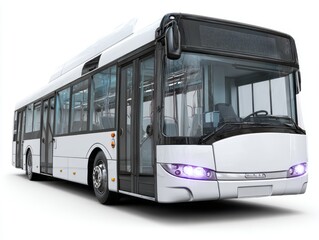A modern, white city bus is presented against a plain white background, showcasing its sleek design and clean lines.
