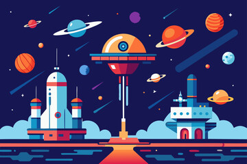 a futuristic spaceport with various spacecraft doc