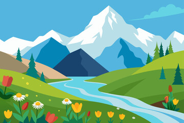 alpine meadow with wildflowers  snow capped peaks 