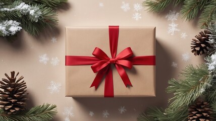 Christmas gift box wrapped in kraft paper with red ribbon, surrounded by fir branches, pine cones and snow. Winter festive composition on flat surface.