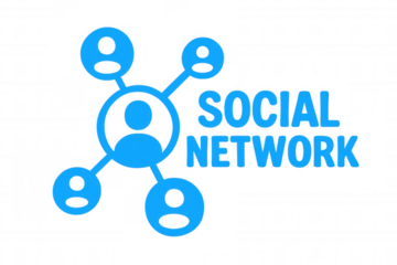 Blue icons representing users are connecting together, forming a network, with the words social network superimposed on a transparent background