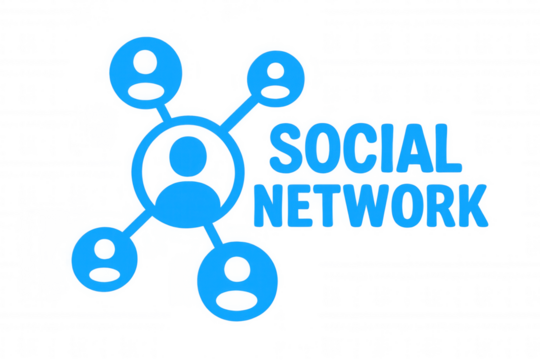 Blue icons representing users are connecting together, forming a network, with the words social network superimposed on a transparent background - Powered by Adobe