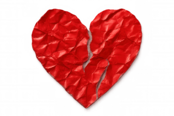 Crumpled crimson heart fragmenting against transparent surface, symbolizing emotional pain and relationship dissolution