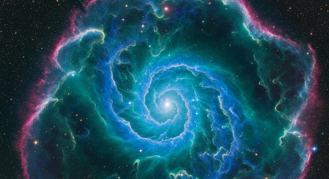Teal, blue, and pink nebula swirl, cosmic dust and stars create a spiral galaxy image, symbolizing the vastness and mystery of space, perfect for science or fantasy backgrounds