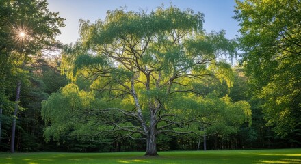Obraz premium Majestic sunlit tree in lush green forest landscape with sunburst rays
