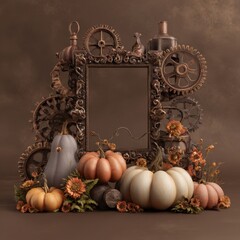 Vintage steampunk frame decorated with gears, pumpkins, and flowers. Ideal for autumn or Halloween designs, invitations, seasonal cards, posters, or digital art compositions.
