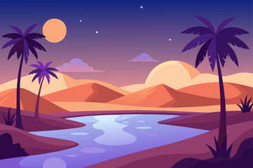 desert oasis at dusk  with soft light  palm trees 