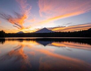 Fototapeta premium Sunrise over a serene lake reflecting mountains