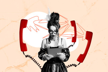 3D collage poster trend of shocked face young woman hold tablet landline phone call vintage...