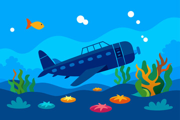 Naklejka premium sunken plane wreck in a clear blue sea with marin