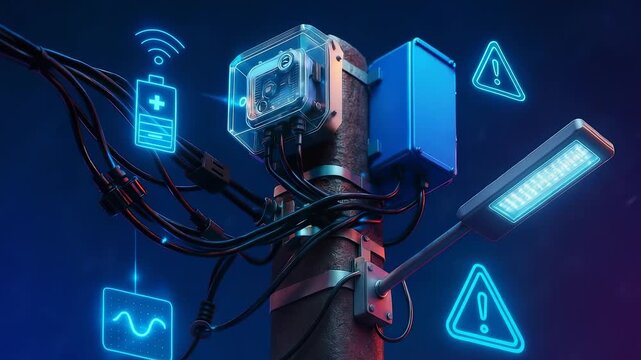 Surveillance Camera with Monitoring System, Technology Icons and Alerts on Utility Pole