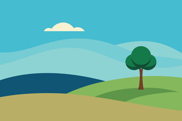 Fototapeta premium minimalist landscape of rolling hills with a singl
