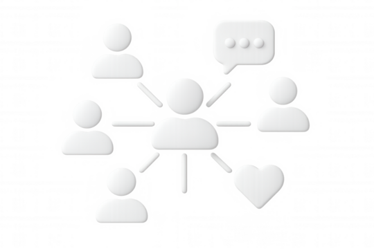 Social media network icons showing interconnected white 3d figures, linked by lines, featuring heart and speech bubble against transparent backdrop