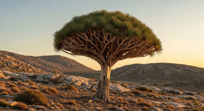 Dragon blood tree at sunset in yemen's socotra island desert landscape