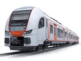 Naklejka premium A modern, light gray and orange train is shown in a full shot on white rails, showcasing its sleek design and intricate details.