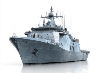 Obraz premium A grey naval vessel, prominently displayed against a plain white background, showcasing its robust design and imposing presence.