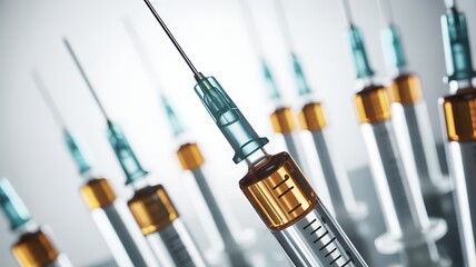 Multiple Syringes with Golden Liquid Preparation Ready for Injection Vaccination or Medical Treatment in a Clinical Setting Pharmaceutical Industry