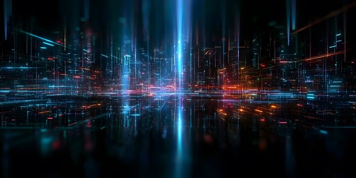 Abstract digital background with a futuristic cyberpunk cityscape and glowing lines of data flow, 