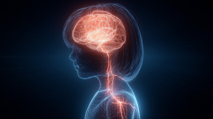 Profilo bambino in wireframe con cervello illuminato e nervi attivi su sfondo scuro. Neuroscienze pediatriche, sviluppo cognitivo e salute mentale; visual didattico futuristico.