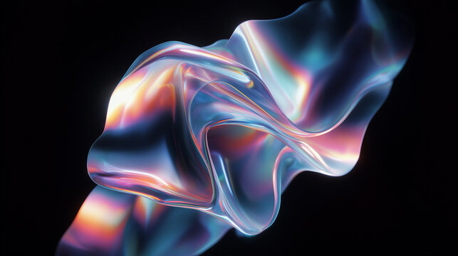 Forma fluida iridescente su sfondo nero, render 3D lucido con riflessi ciano e magenta. Texture astratta elegante per sfondi, banner, packaging e design contemporaneo.