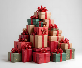 Obraz premium Large pile of Christmas gifts stacked in a pyramid shape, isolated on a white background