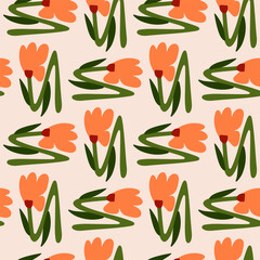 Floral seamless pattern doodle design. Hand drawn orange daisies flowers on beige background. Ornate vector florals for stationery, textile design.